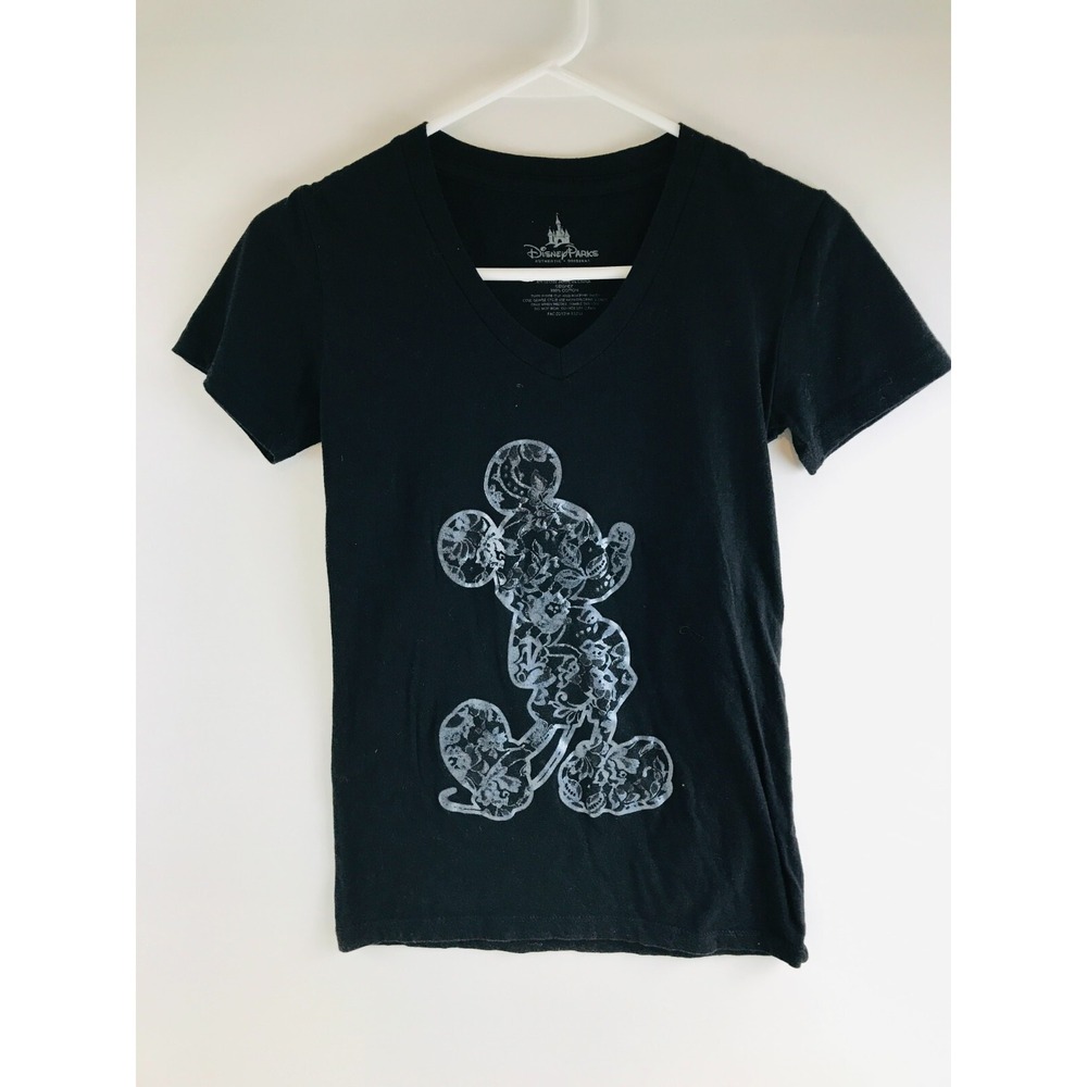 Disney Parks Authentic T-Shirt Women's Size S Black V-neck  Floral Mickey Mouse